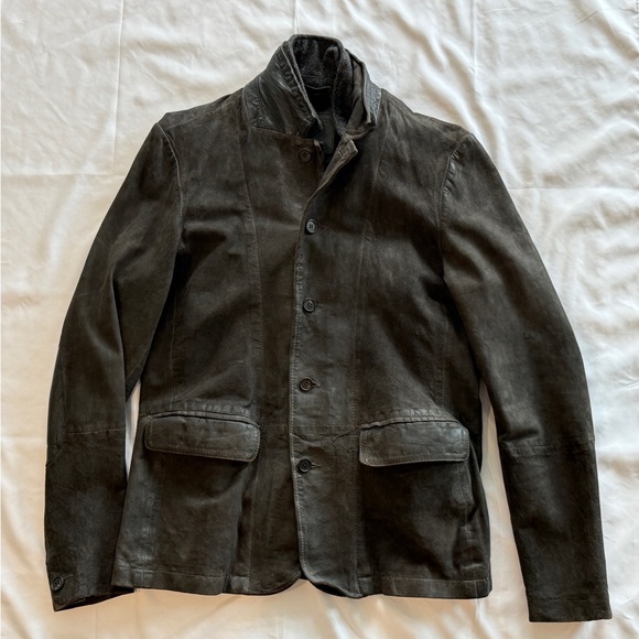 Men’s All Saints Dark Brown Leather Military Jacket with Built-in Gray Wool Vest - Picture 1 of 7